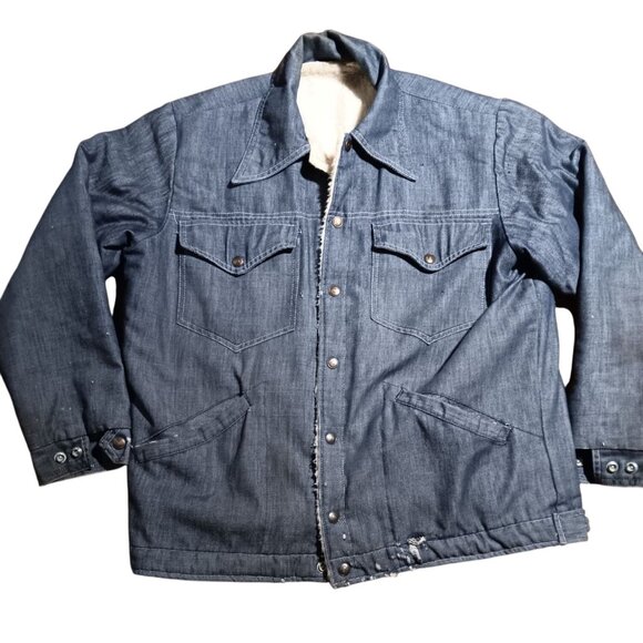 Large Vintage Denim Jacket Trucker Rancher 70's Sherpa Snap Buttons Distressed - Picture 1 of 11
